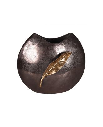 Vase Rnd Alum Brnz W/Gld Leaf 
